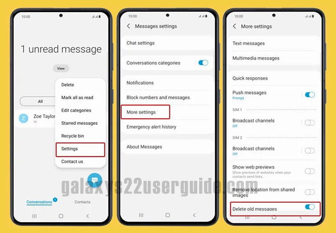 automatically delete old messages on galaxy s22